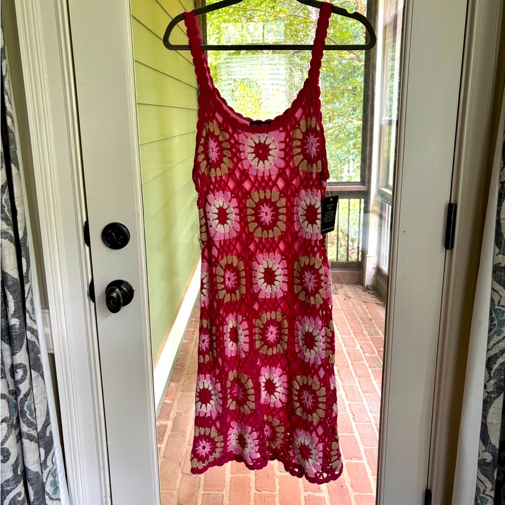 Boston Proper Pink and White Crochet Midi Dress
